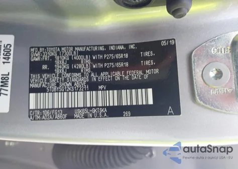 2019 Toyota Sequoia Sr5 from USA, damaged, VIN 5TDBY5G12KS173211